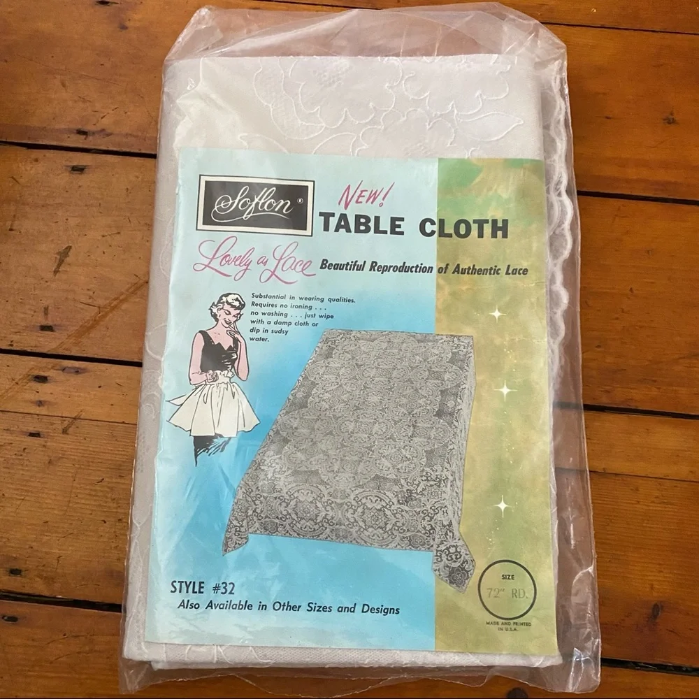 NIP Vintage 72” Round Tablecloth Soflon Reproduction of Authentic Lace